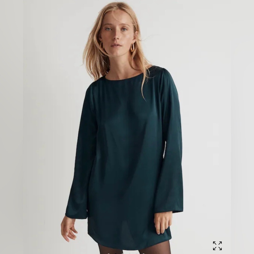 Madewell Shift Mini Dress Smoky Spruce Satin Size Medium Long Sleeve NEW $98